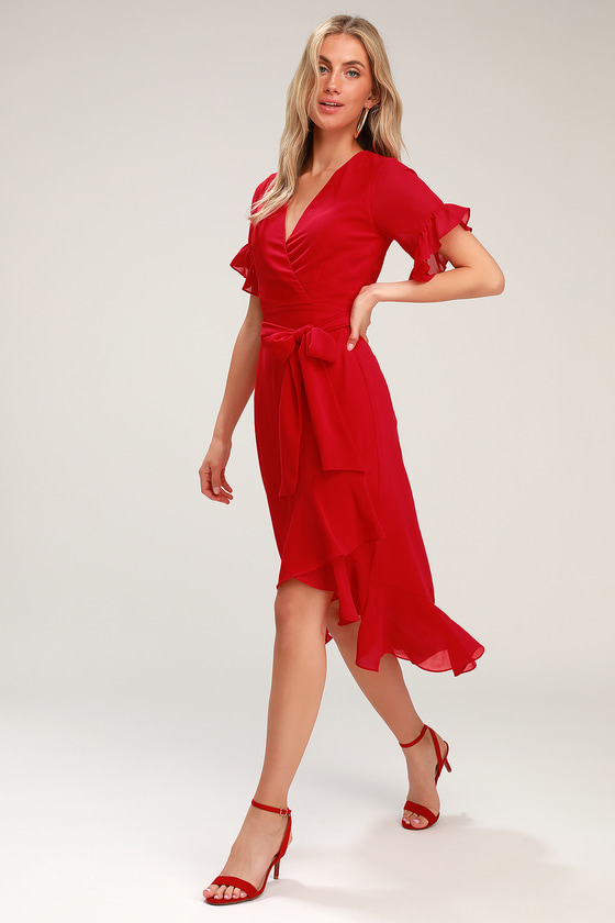 Red High-Low Wrap Dress - Lulus